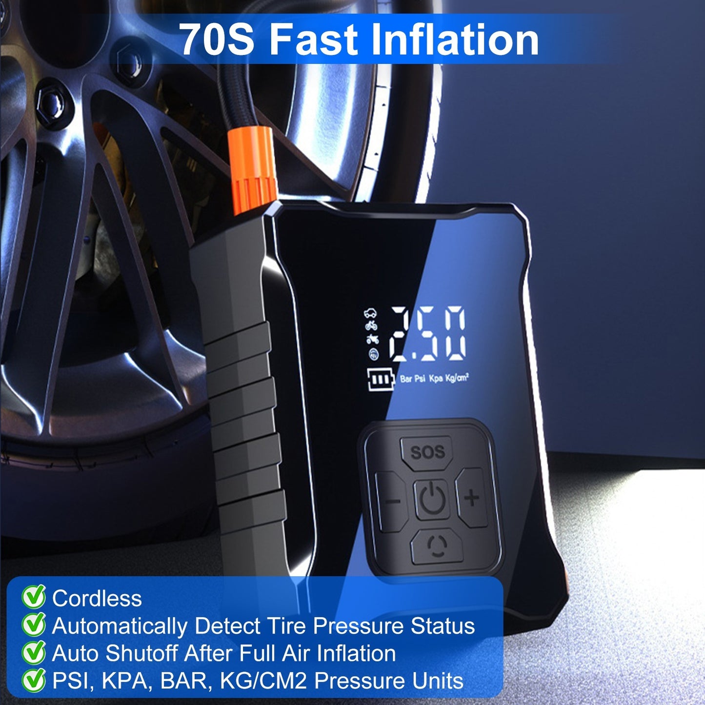Безжичен компресор за гуми 150PSI – дигитален въздушен компресор с LED светлина и Power Bank функция, подходящ за автомобили, мотоциклети, велосипеди и топки