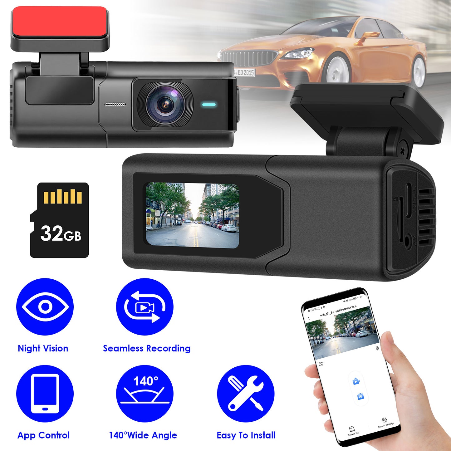 Автомобилна 2K HD предна камера (dash cam) с IPS екран, нощно виждане, цикличен запис, 32GB карта памет, 140° широкоъгълен обектив и WiFi управление чрез приложение