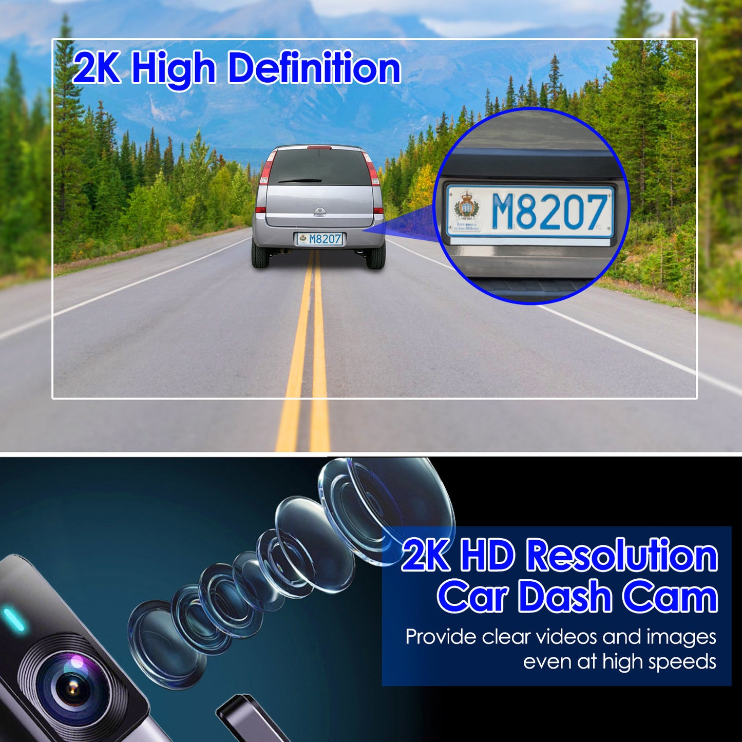 Автомобилна 2K HD предна камера (dash cam) с IPS екран, нощно виждане, цикличен запис, 32GB карта памет, 140° широкоъгълен обектив и WiFi управление чрез приложение
