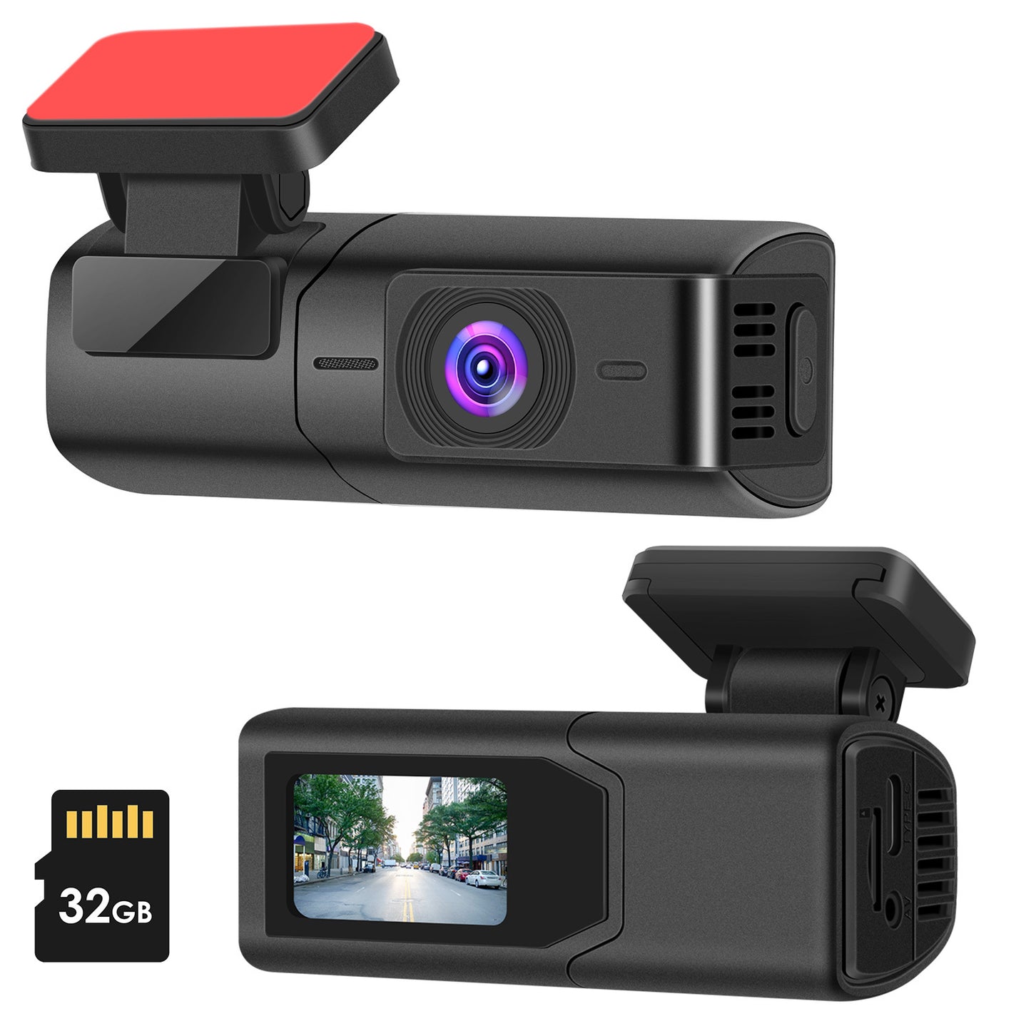 Автомобилна 2K HD предна камера (dash cam) с IPS екран, нощно виждане, цикличен запис, 32GB карта памет, 140° широкоъгълен обектив и WiFi управление чрез приложение